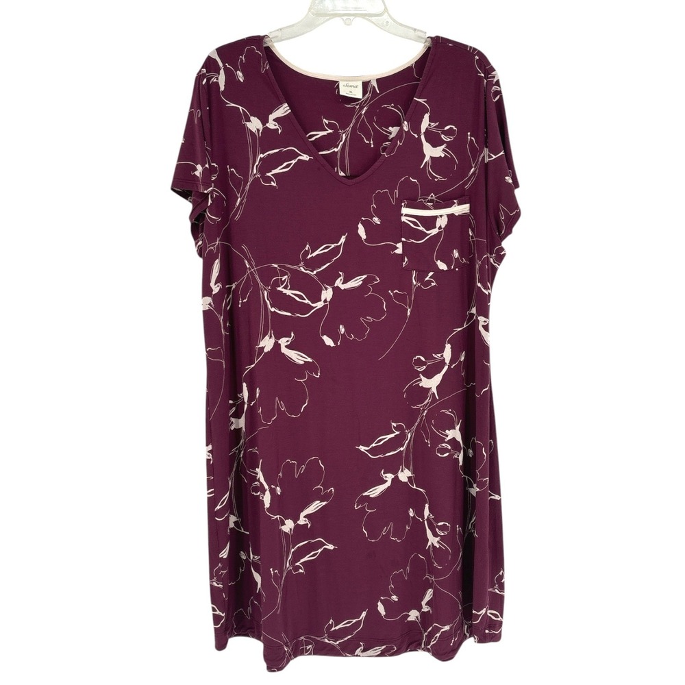 Soma Cool Nights XL Pajama Nightgown Floral Maroon VNeck Short Sleeve Pocket